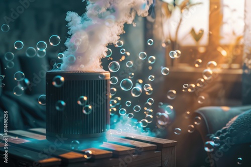 3D air purifier casting a bubble shield against allergens, under moody lighting , Hyper realistic