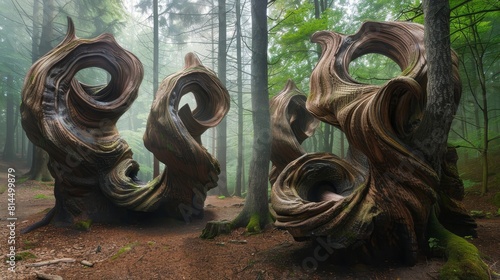 Surreal botanical formations rise from forest floor twisted shapes wallpaper