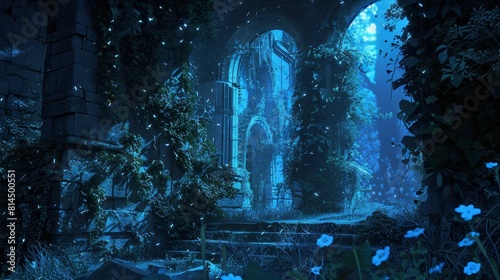 Luminescent vines twist around ancient ruins delicate tendrils softly glow in darkness wallpaper