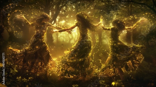 Elemental spirits dancing amidst greenery swaying to earth's beat wallpaper
