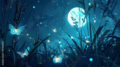 Luminescent insects fluttering in moonlit underbrush wallpaper
