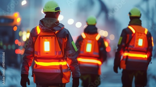 Three construction workers in reflective vests and helmets walk towards a work site during twilight.