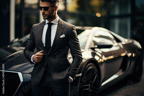 Man in a stylish suit posing by luxury car. Ai Generative