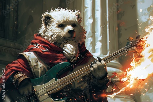 Anime Bugbear Embracing Fiery Ibanez Bass Guitar in Enchanting D&D Garb Amid White Backdrop � Whimsical Crimson and Emerald Art Scheme