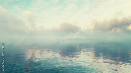 Calm waters reflect subdued hues of misty sky mirroring the scene above wallpaper