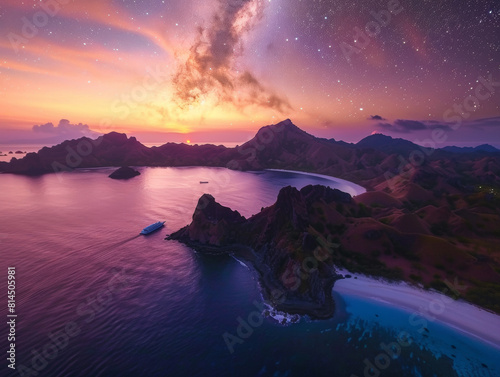 aerial view of beautiful padar island during sunrise with minor milkyway seen - AI