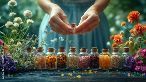 An artistic representation of a homeopathic medicine consultation, with the practitioner carefully selecting individualized remedies based on the patient's unique symptoms and cons