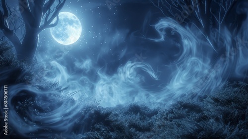 Misty tendrils contribute to moonlit forest's mystery wallpaper