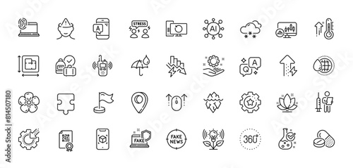 Ab testing, Iceberg and Transmitter line icons pack. AI, Question and Answer, Map pin icons. 360 degrees, Puzzle, Saving electricity web icon. Vector