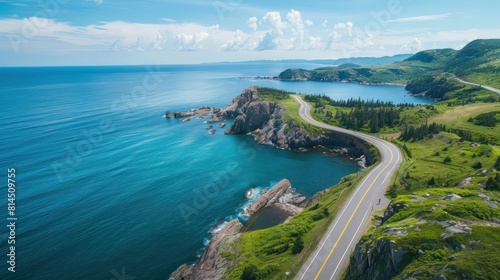 An aerial view of a scenic coastal road winding along dramatic cliffs and azure waters, showcasing the adventure and freedom of a summer road trip.