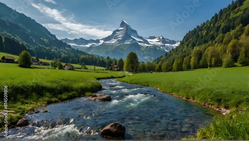 wide side view, mountain, forrest landscape, lake and waterfall, valley with fields, switzerland inspiration, nikon d5600 photography