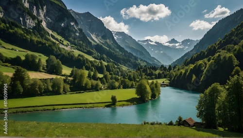 wide side view, mountain, forrest landscape, lake and waterfall, valley with fields, switzerland inspiration, nikon d5600 photography
