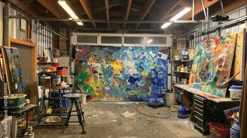 A garage turned into a painting studio where a family creates a large canvas painting as a gift for Mother.
