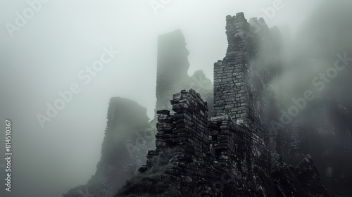 Fog swirls hinting at ancient stories around ghostly ruins wallpaper