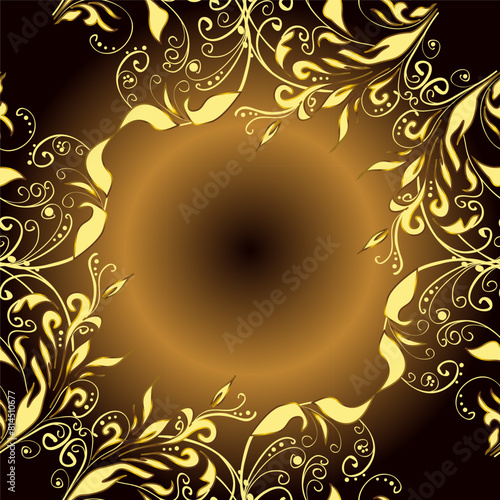 Golden elements in oriental style arabesques. Vector golden seamless pattern. Seamless golden textured curls. Seamless pattern on black, brown and yellow colors.