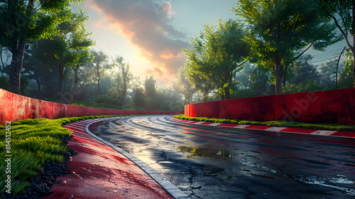 Race track scenery with red wall and trees, A race car track with loops ramps and speed boosters
