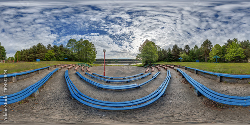 full seamless spherical hdri 360 panorama at the amphitheater with wooden benches at the pier on the lake shore in equirectangular projection, VR content