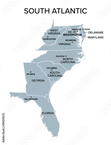 South Atlantic states, gray political map. United States Census division of South region. Delaware, Florida, Georgia, Maryland, North and South Carolina, Virginia, Washington, D.C., and West Virginia.