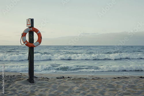 Orange lifebuoy mounted on a post at a beach with waves and a distant mountain view