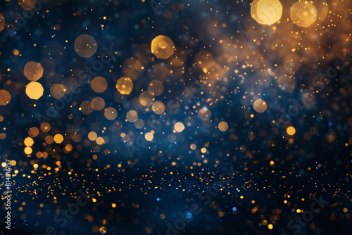 Abstract background with Dark blue and gold particle Christmas Golden light shine particles bokeh on navy blue background Gold foil texture Holiday concept 
