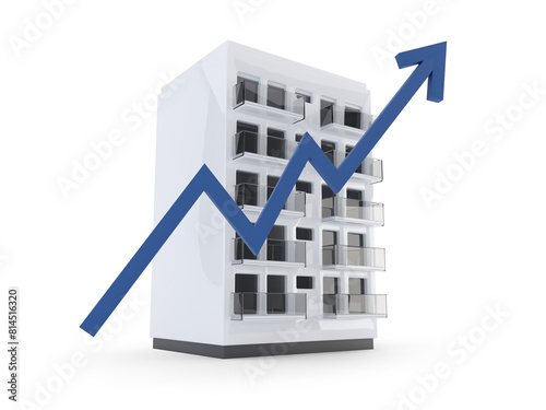 Multistory residential building and a growth chart. Concept depicting the rise in housing prices. 3D illustration