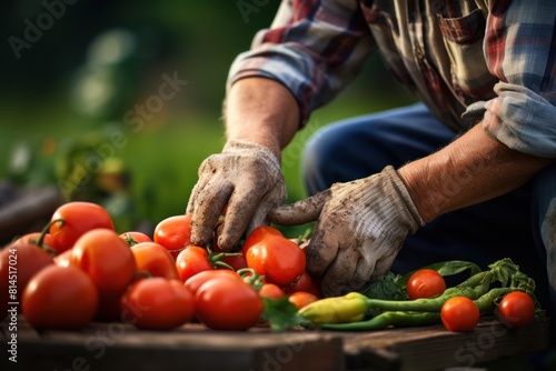 Farmer ripening tomatoes from garden, organic and healthy local product. farmer hands with fresh red tomatoes. Freshly harvested tomatoes in farmers hands.