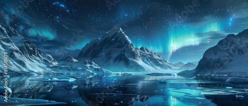 An illustration of landscape fantasy of an icecovered fjord, with auroras reflecting on icy surfaces, featuring solid color design, and tailored as a banner sharpen with copy space