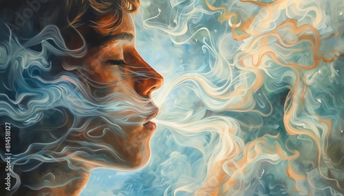the struggle and triumph of smoking cessation in a realistic oil painting Show a determined individual at eye-level angle, conquering the habit amidst a backdrop of swirling smoke and fresh ai