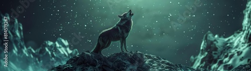 Closeup of a cybernetic wolf howling atop a mountain, its metallic fur shimmering under the moonlight, set against a stark, futuristic landscape with a 90s look