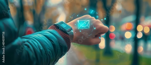 Closeup of an email notification popping up on a smartwatch, overlaid with hitech HUD elements, set in a public park with a blurry background, conveying a futuristic color theme