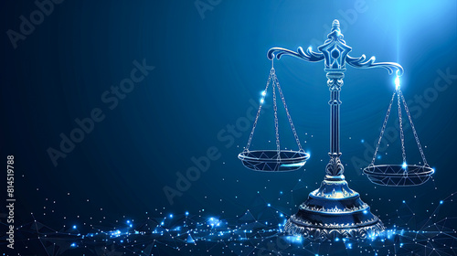 Digital scales of justice on blue background. Law and justice concept.