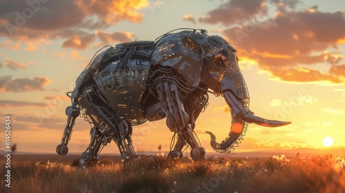 A giant robotic elephant, showcasing a clean look, strolls through a digitally enhanced savannah, its intricate joints and panels illuminated by the sunset in the blurry background