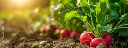 Red radish growing in the garden bed. Gardening banner background with Red Radish. Red Radish plant in sandy soil, close up. 