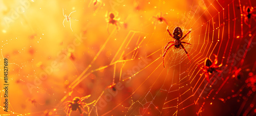 little spider on the cobweb abstract fire background with sparks and sparks. close-up. 