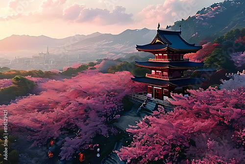 A Breathtaking Aerial View of Cherry Blossoms with a Japanese Pagoda at the Centre