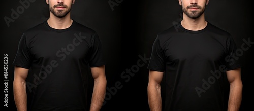 The man wearing a plain black t shirt with ample space for your logo