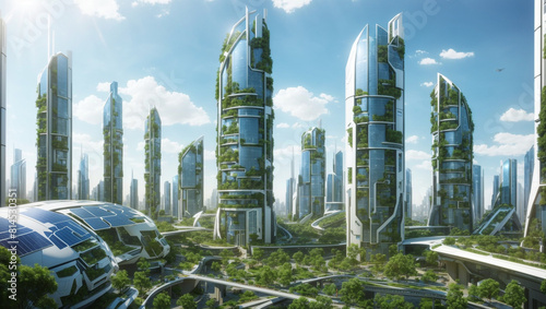 The image shows a futuristic city with many tall buildings covered in plants. The sky is blue with white clouds.