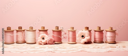 Wooden spools wrapped with vintage cotton lace trims in pretty pink and beige colors creating a nostalgic copy space image