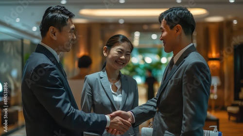 Asian business executives exchange greetings with hotel staff as they check into their accommodations, setting the tone for a successful corporate trip. 