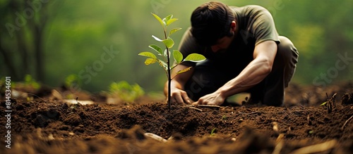 A man plants seedlings into the ground as part of the World Tree Planting Project which aims to replace destroyed trees and promote a fertile ecology for clean ozone air copy space image 148 character