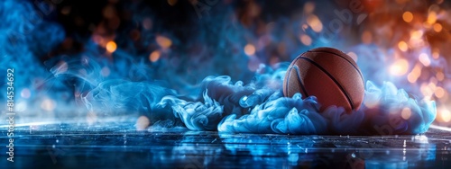 Panorama banner with basketball in dark with smoke with spotlights, blue night background, mystic atmosphere 