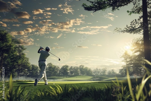 A man playing golf on a sunny day. Suitable for sports and leisure concepts