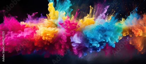 A vibrant burst of multicolored powder is frozen in motion creating an abstract and visually dazzling background This dynamic image captures the explosive energy of the color powder and showcases a m