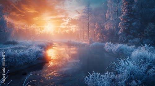 In the morning sun, frost grass grows along a river in a forest ground covered with ice and snow - Winter seasonal landscape