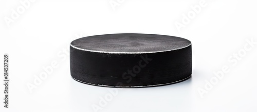 Close up of a hockey puck on a white background providing ample copy space for additional elements in the image