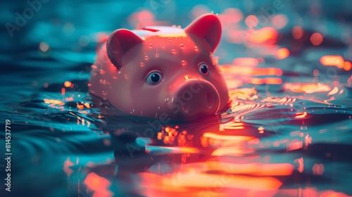 The pink piggy bank sinks to the bottom of sea water - a concept illustrating investment failure, financial risk, debt issues, bankruptcy, and economic problems
