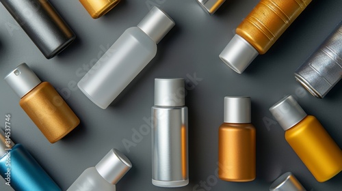 Top view of various aluminum deodorant spray bottles, neatly arranged on an isolated background with studio lighting, emphasizing clarity and focus