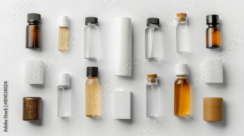 Top view of deodorant spray and roll-on bottles, arranged neatly for advertising purposes on an isolated white background, studio lighting