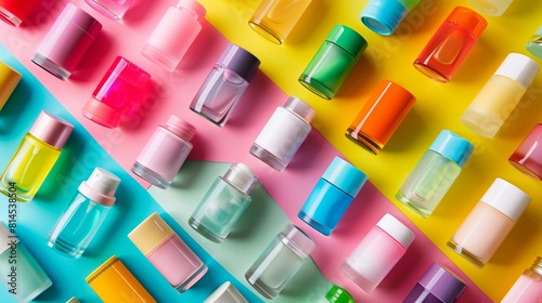 Top view of an assortment of deodorant spray bottles and roll-ons, positioned neatly for advertising, isolated background, studio lighting