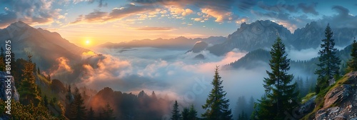 large misty cloud climbing mountain valley in slovakia, Tatra at sunset time realistic nature and landscape